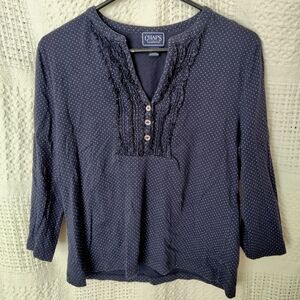 Chaps XL Navy Polka Dot Long Sleeve V Neck Blouse with Button Ruffle Det…